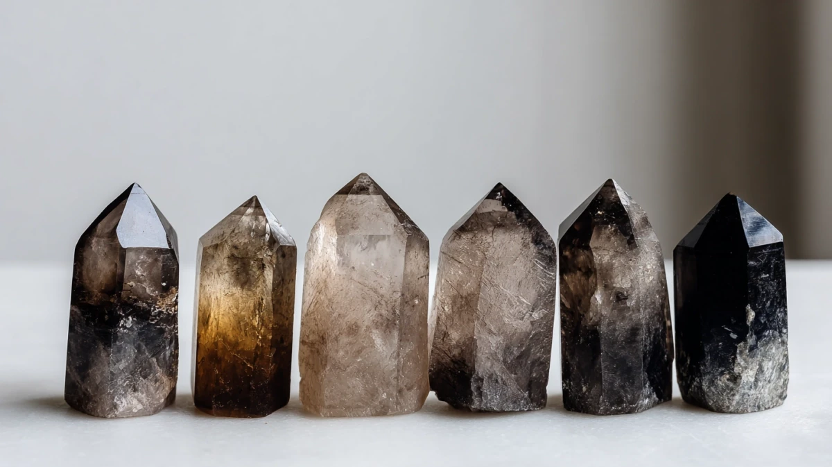 Smoky quartz crystals in various shades ranging from light gray to nearly black.