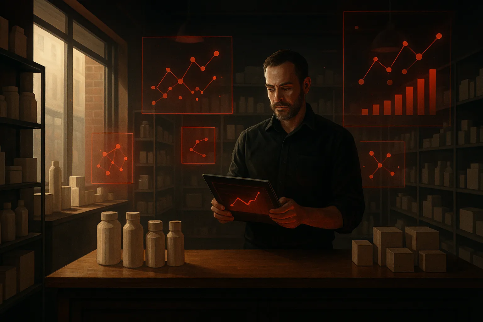 Man with tablet in dim room; charts float around, showcasing digital marketing.