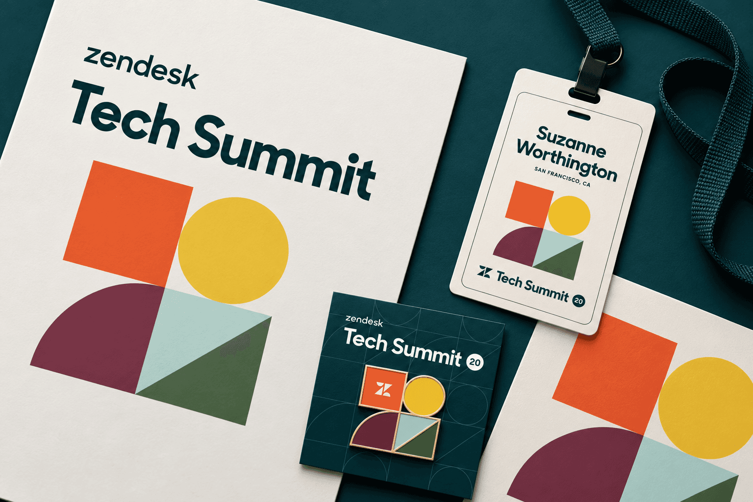 New Tech Summit 20 presentation mockup with printed identity artwork, attendee badge and enamel pin