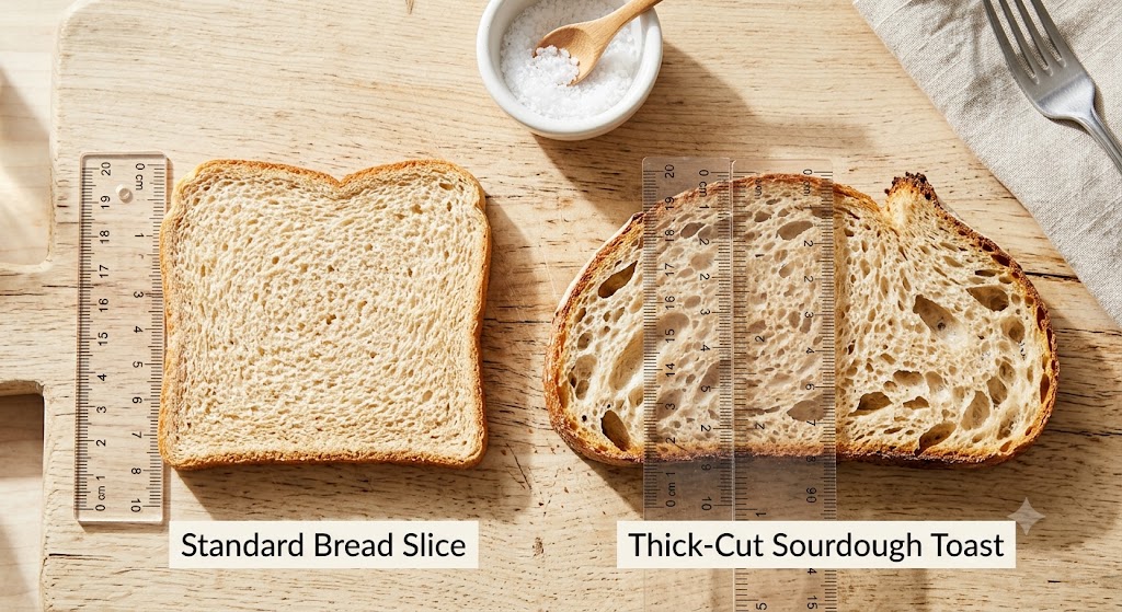 A top-down comparison photo showing a standard white bread slice next to a thick-cut sourdough toast slice to illustrate portion size and calorie differences.