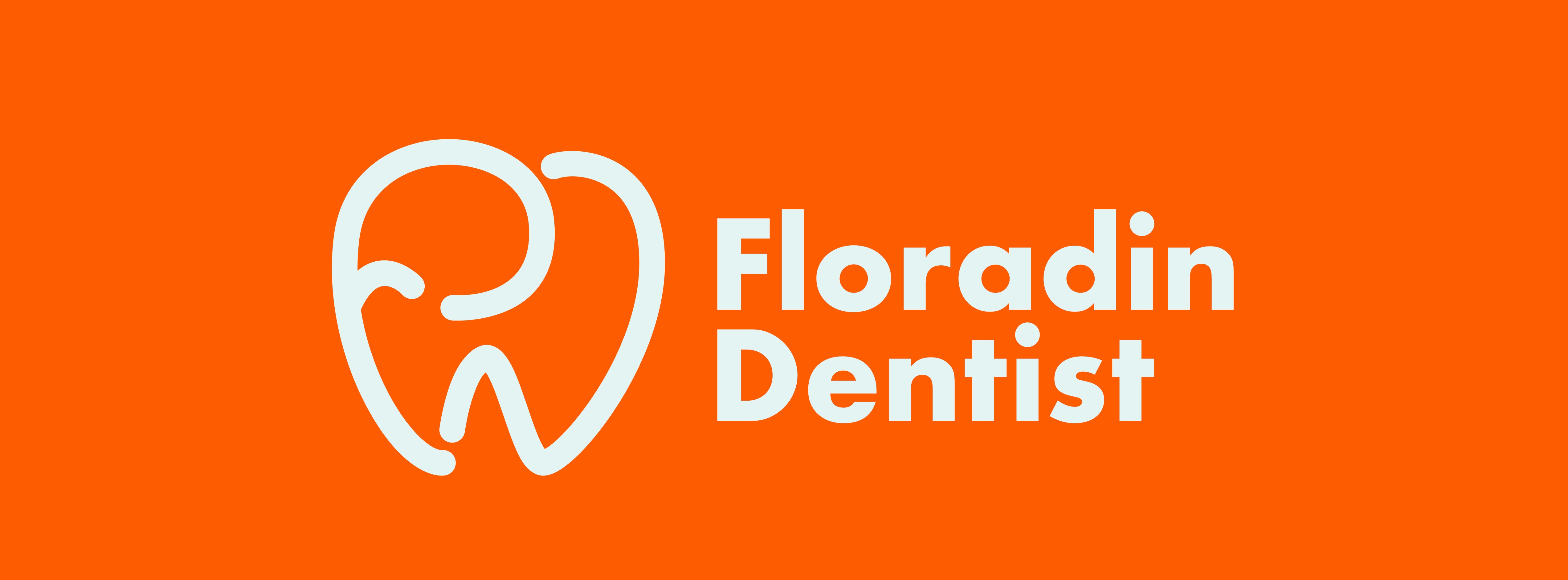 Elephant-shaped tooth logo on an orange background, text: Floradin Dentist.