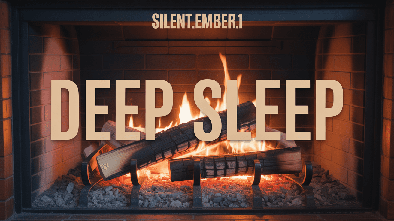 Extreme close-up fireplace flames with DEEP SLEEP text on dark background
