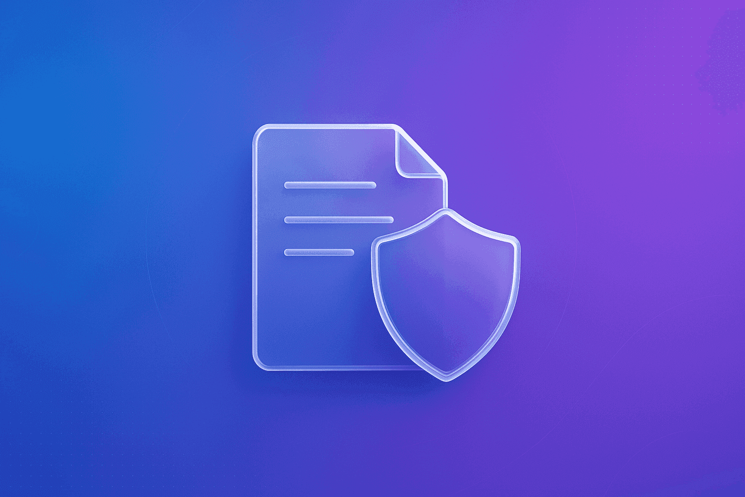 Insurance policy document with a protective shield icon on a blue and purple gradient background. Premium compliance design.