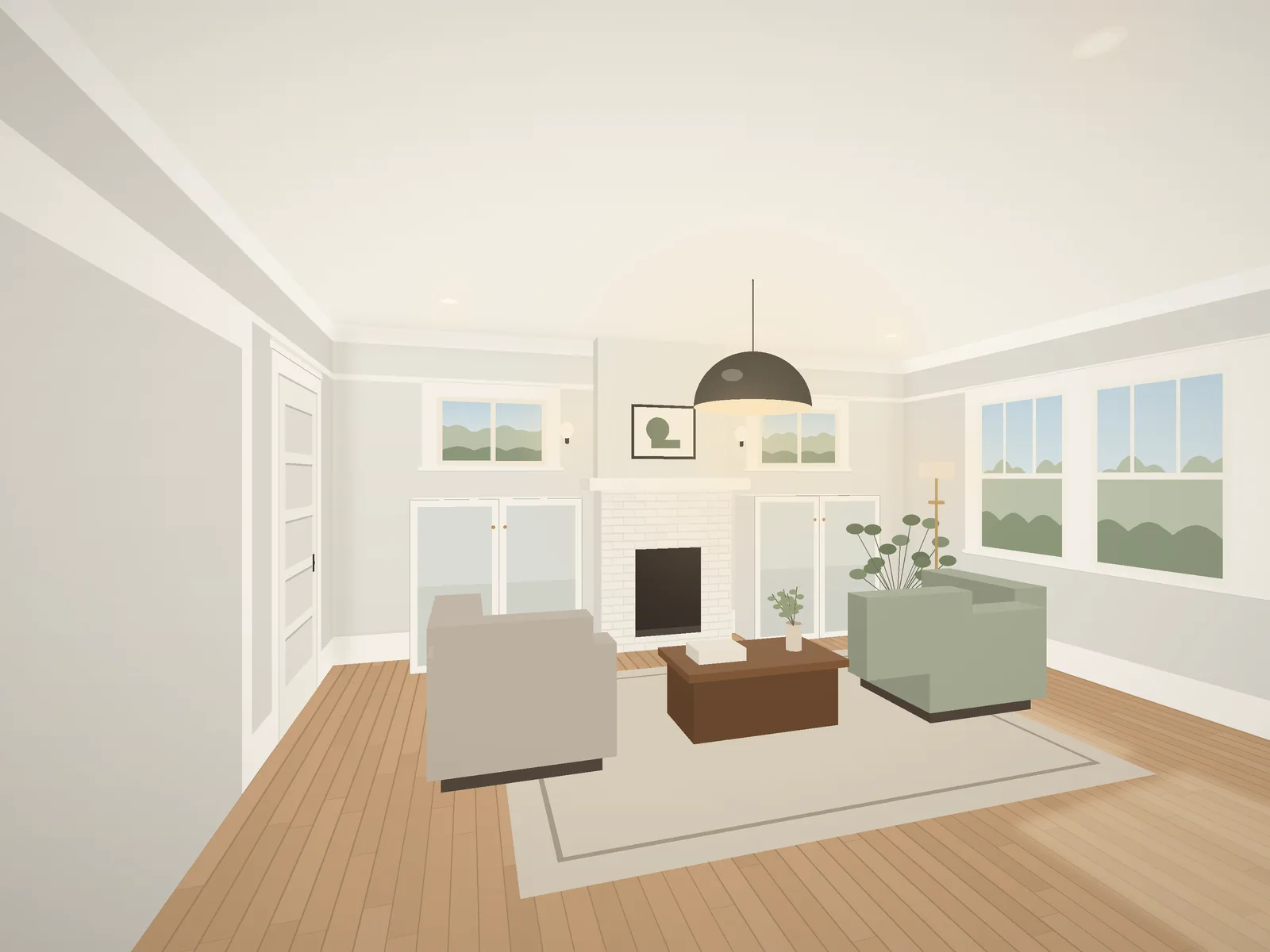 Living room in an older house with restored trim and new lighting