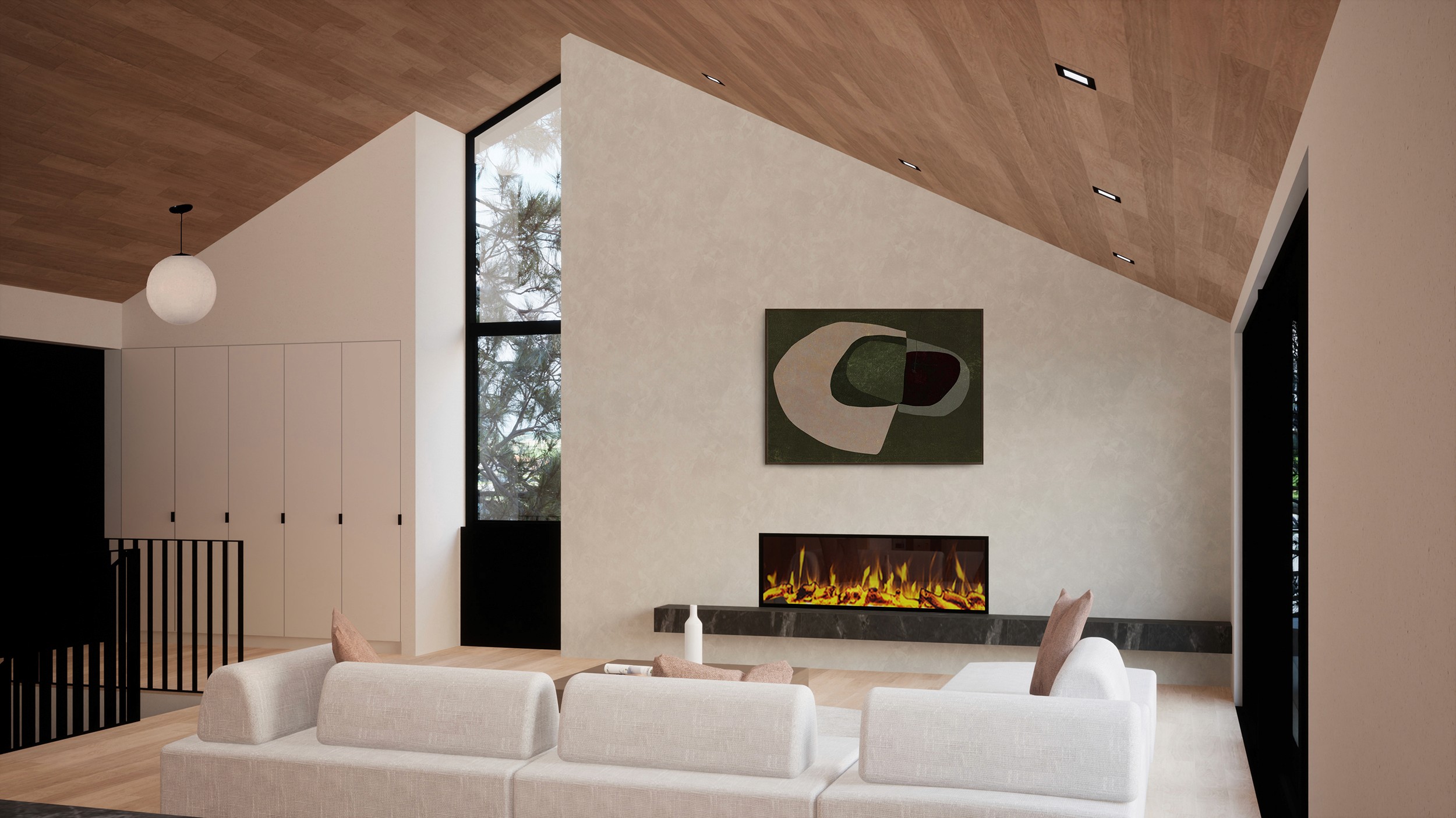 Architectural rendering of the living room with minimalist fireplace wall and full-height white casework at the entryway.
