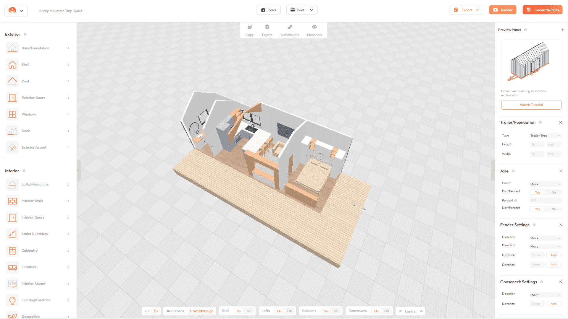Tiny house with bedroom donwstairs in tiny house design software