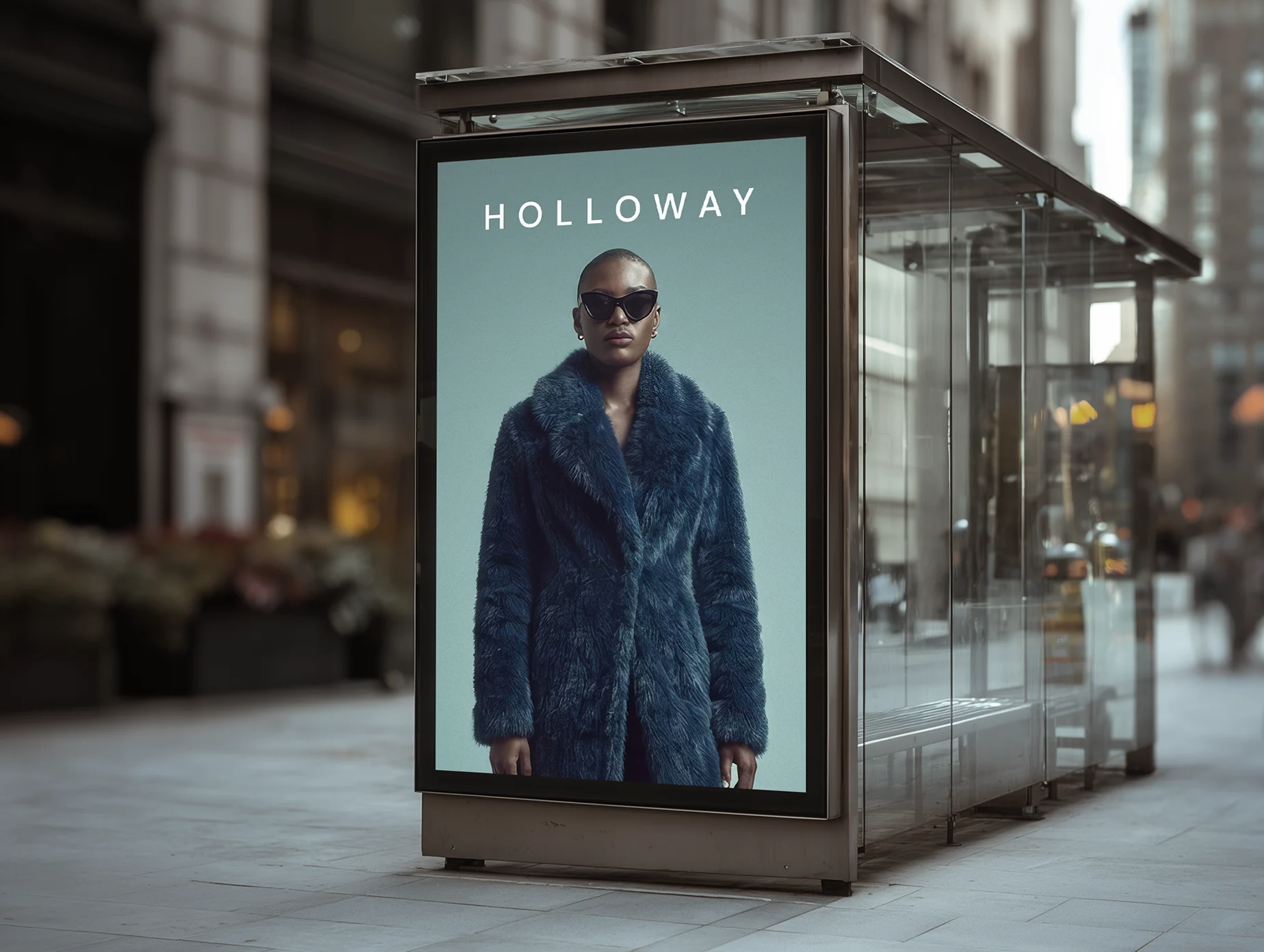 Street advertising display featuring a Holloway fashion campaign poster in an urban setting.