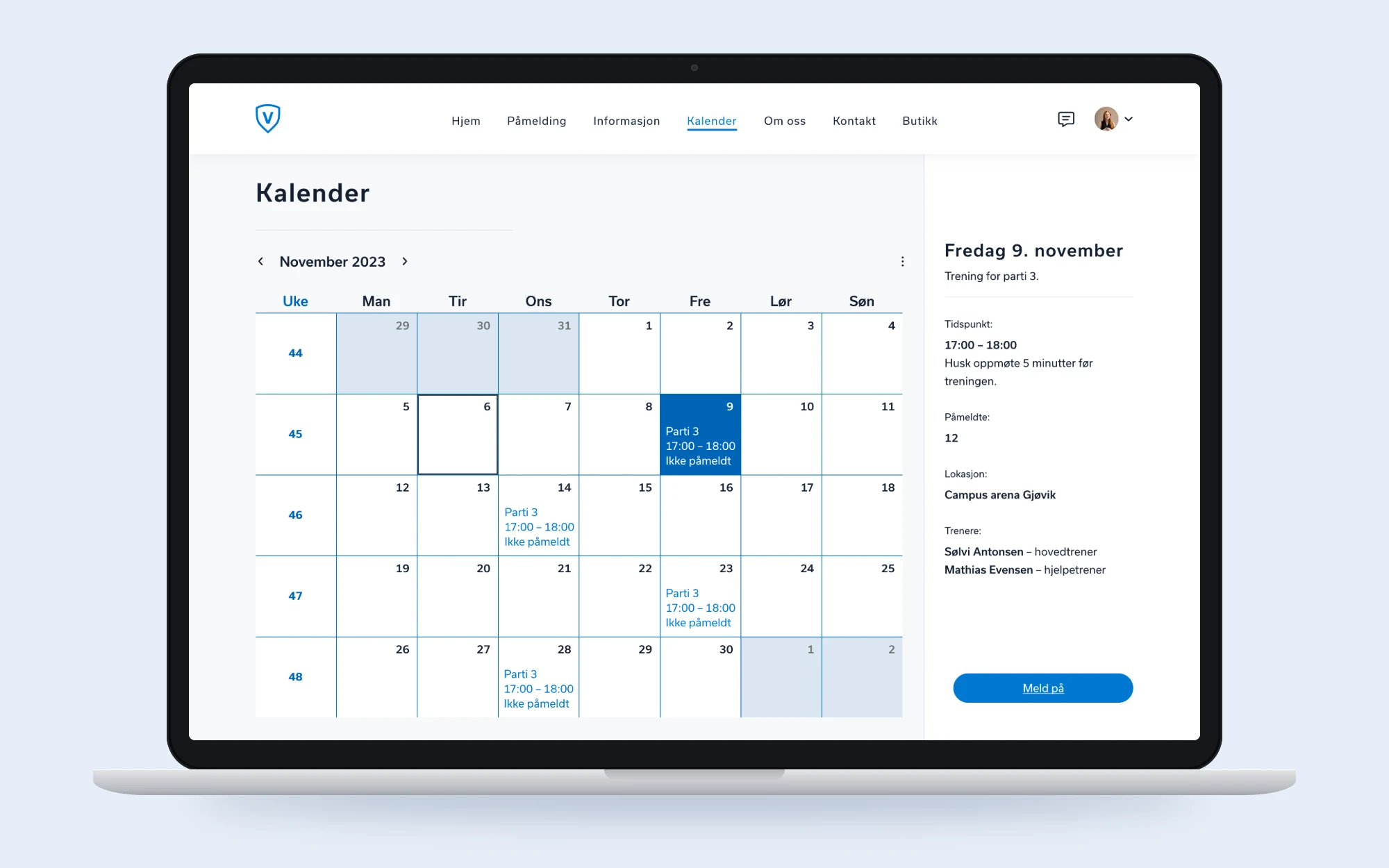 The parent-facing desktop version of the Vardal prototype on a laptop: the November 2023 calendar with Parti 3 sessions marked Ikke påmeldt (not signed up), and Friday 9 November selected, showing time, participants, location, both trainers and a Meld på (sign up) button.