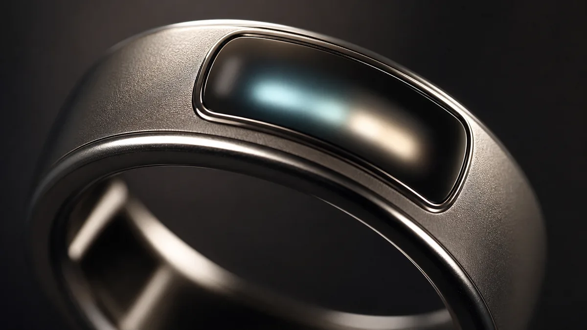 Macro close-up of a smart tasbih ring OLED panel with a soft abstract glow