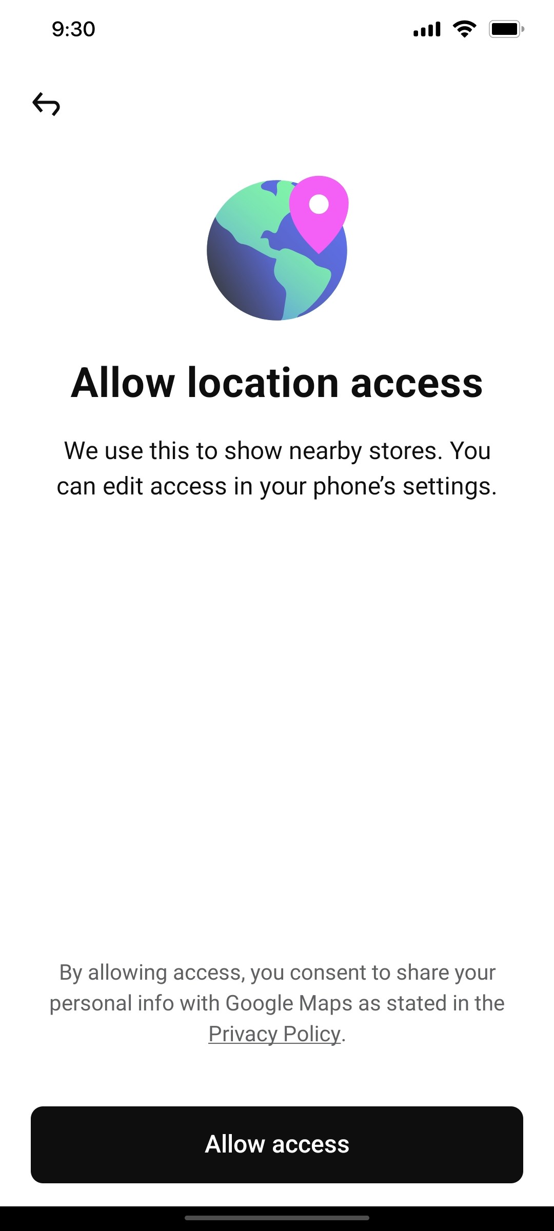 Klarna  Allow Location Access page Screen