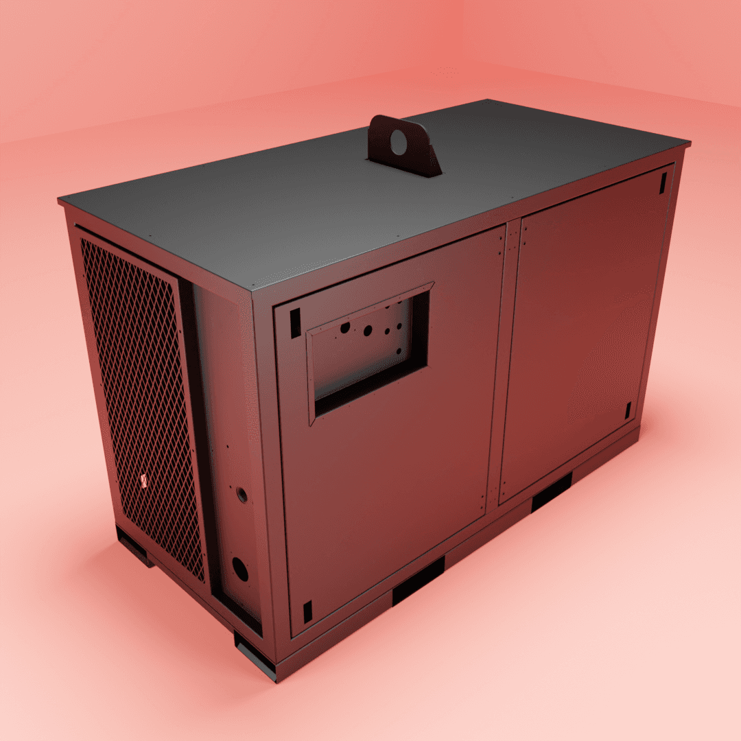 A realistic 3D render of a red, industrial-style heater with metallic elements, showcasing the application of industrial design in product development.