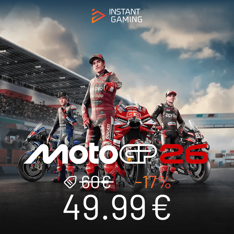Promo MotoGP™26 à 49.99€ sur Keyverse Gaming avec Marc Márquez, Fabio Quartararo et Pecco Bagnaia.