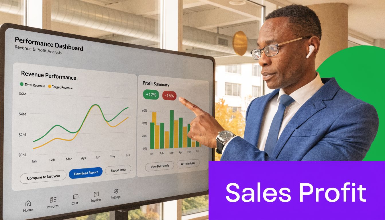 A professional man pointing at a performance dashboard display showing revenue and profit analysis data.