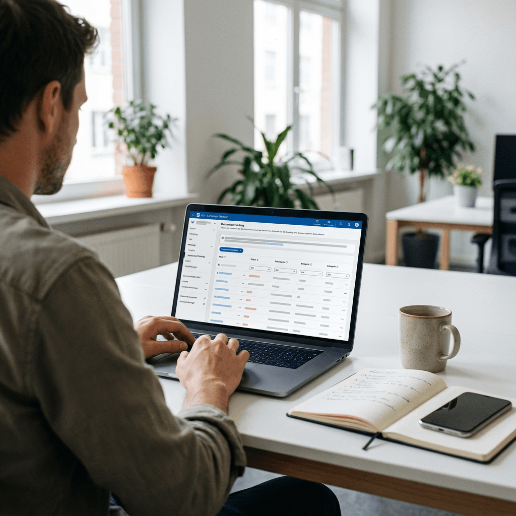 Ein Mann optimiert seine LinkedIn Ads Kampagnen am Laptop. Über die LinkedIn Ads Integration in anny hat er wichtige Conversions getrackt.