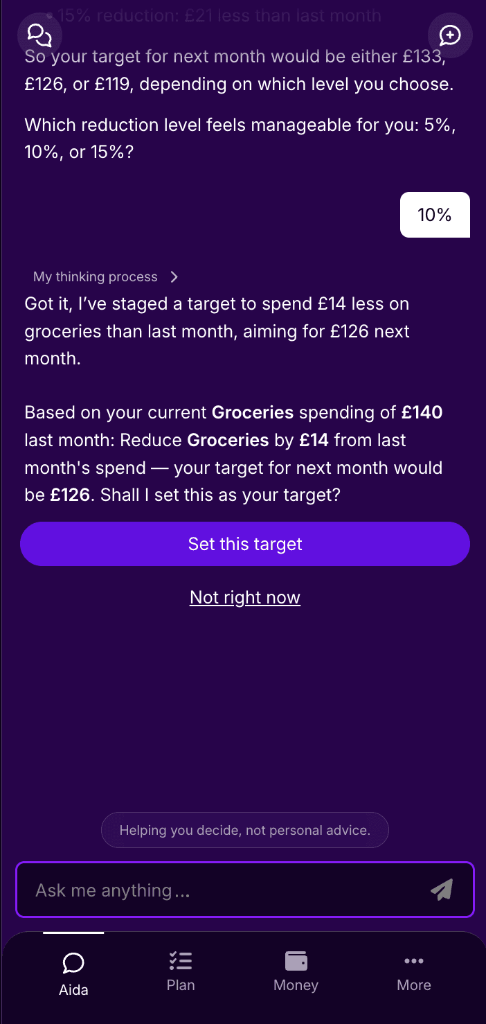 Aida chat suggesting a reduced Groceries budget of £128 next month based on £140 spent last month, with options to set the target or not right now