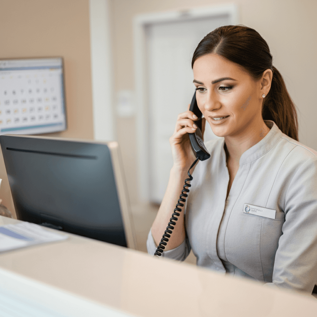 A chiropractic secretary answering the phone behind a counter, with an open computer displaying a calendar in the background.