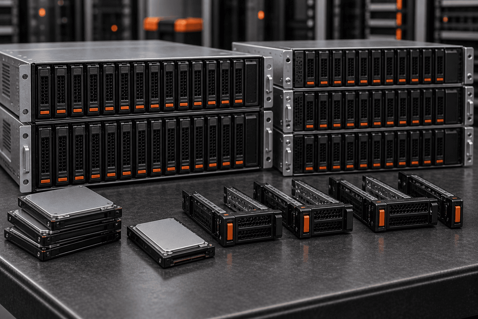 Enterprise storage — representative unbranded disk shelves and drive caddies