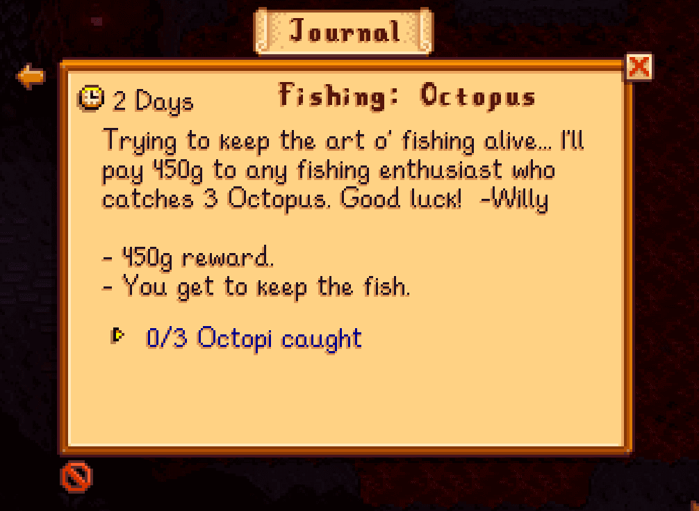 Quest journal entry for 'Fishing: Octopus' showing details, deadline, and progress.