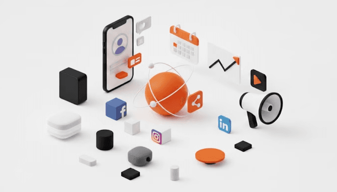 Minimalist arrangement of geometric product mockups in white, black, grey, and orange on a clean white background.