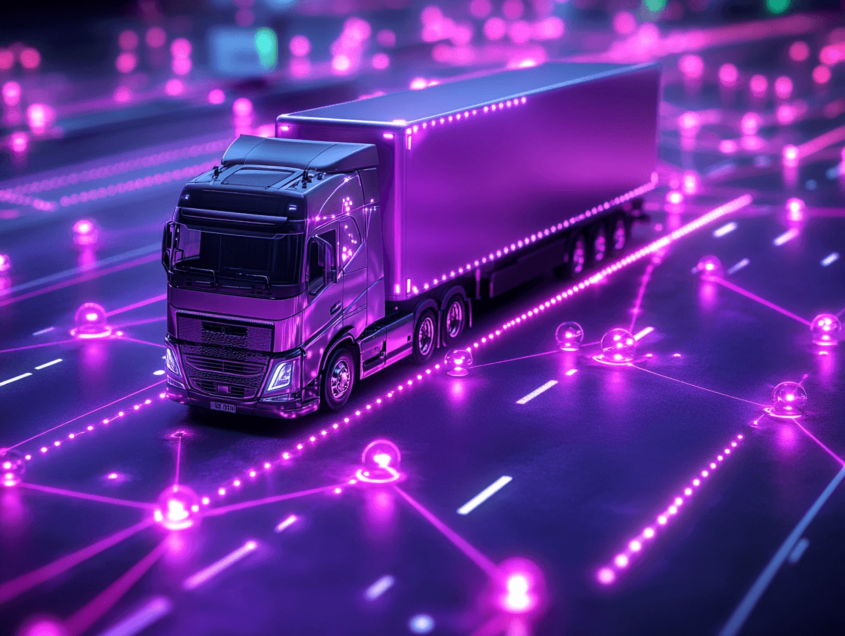 LKW fährt auf dynamisch beleuchteter Fahrbahn
