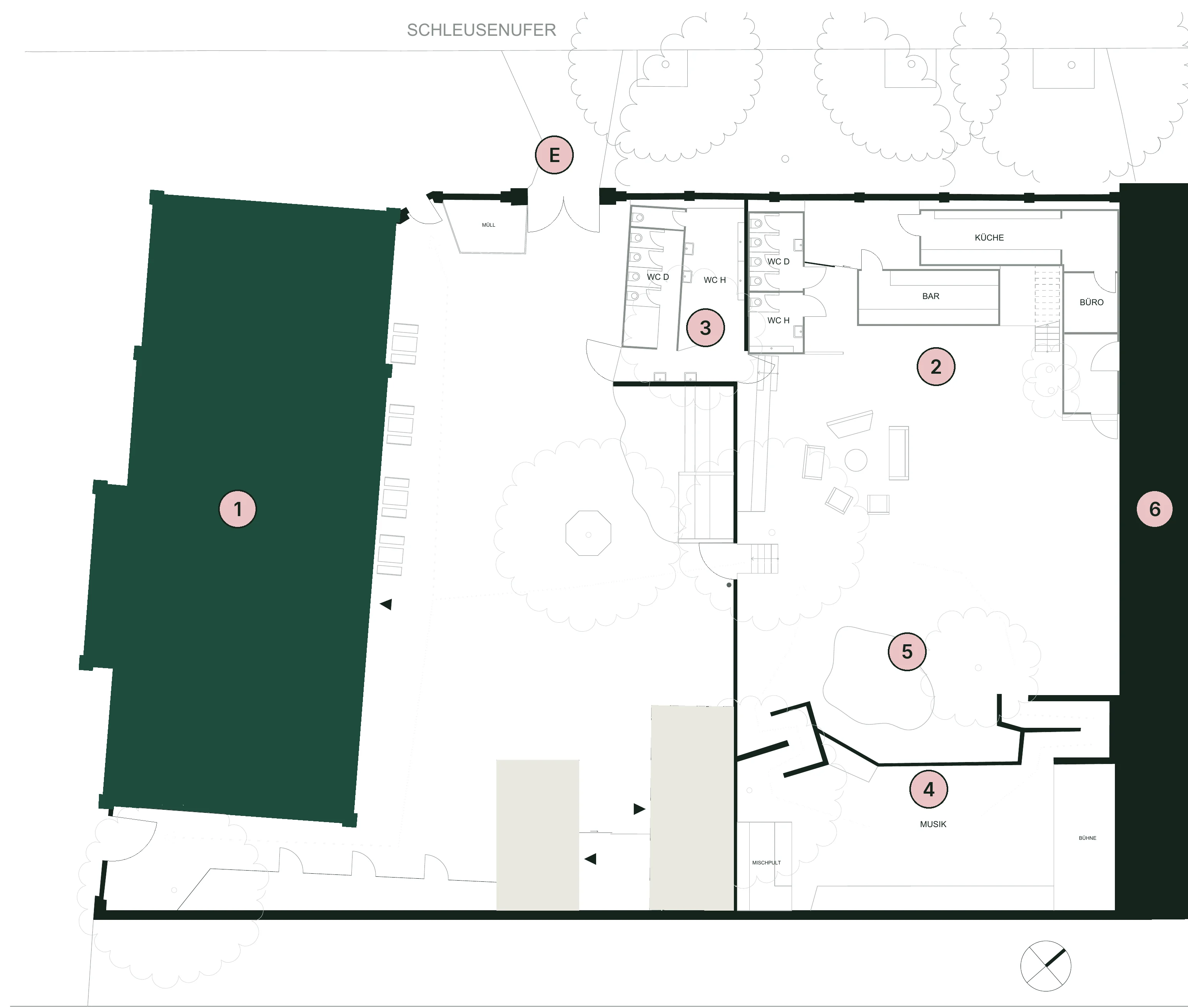 Lageplan der Gärten zwischen MARMORBAR und ÆDEN mit Bar, Küche, Toiletten, Teich und Dancefloor