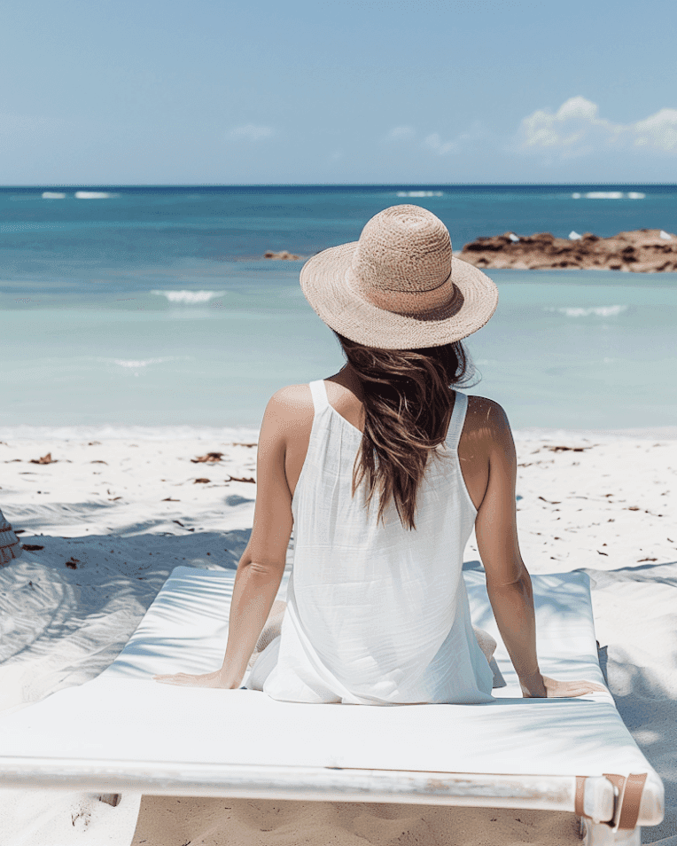 Woman in a white dress and sunhat relaxing on a beach lounger facing the ocean.
