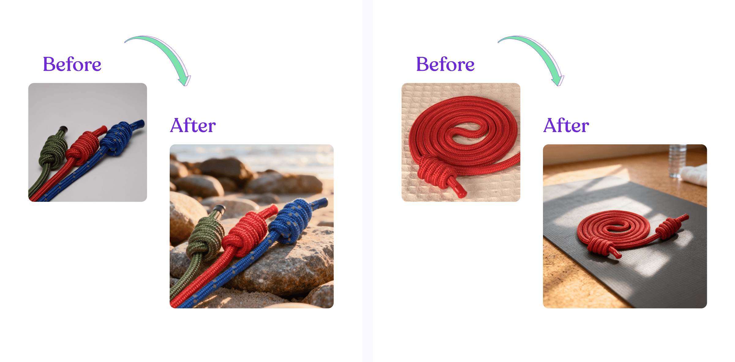 Before and after comparison showing AI product photography transforming studio-shot ropes into natural outdoor brand photography with realistic lighting and textures.