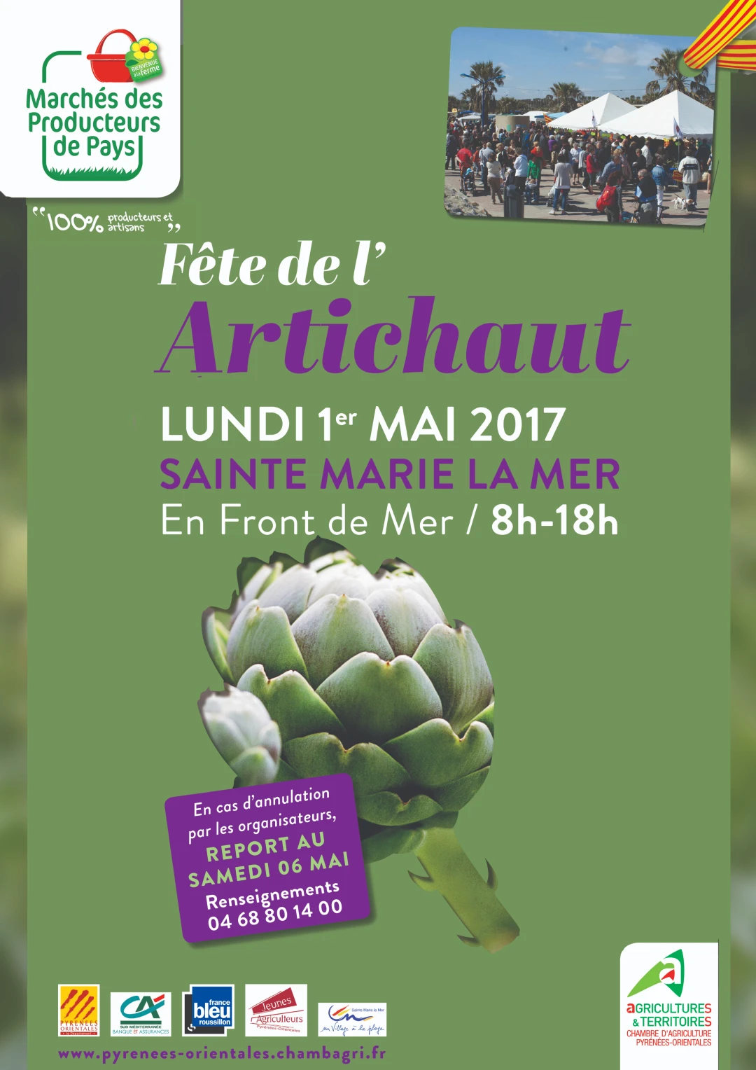 Recto du flyer événementiel Fête de l'Artichaut — visuel artichaut pleine page, typographie expressive vert et violet, Marchés des Producteurs de Pays, Sainte-Marie-la-Mer, Tartelette Concept
