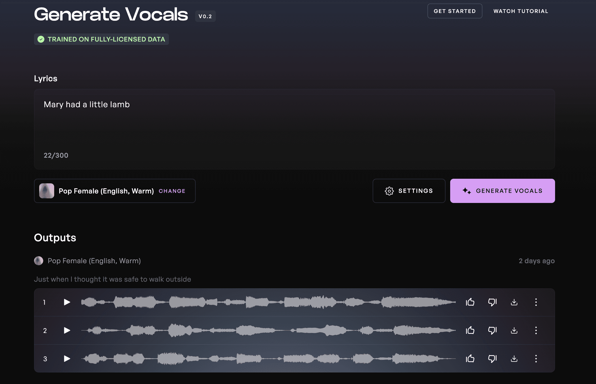The Generate Vocals tool on Kits AI with audio settings