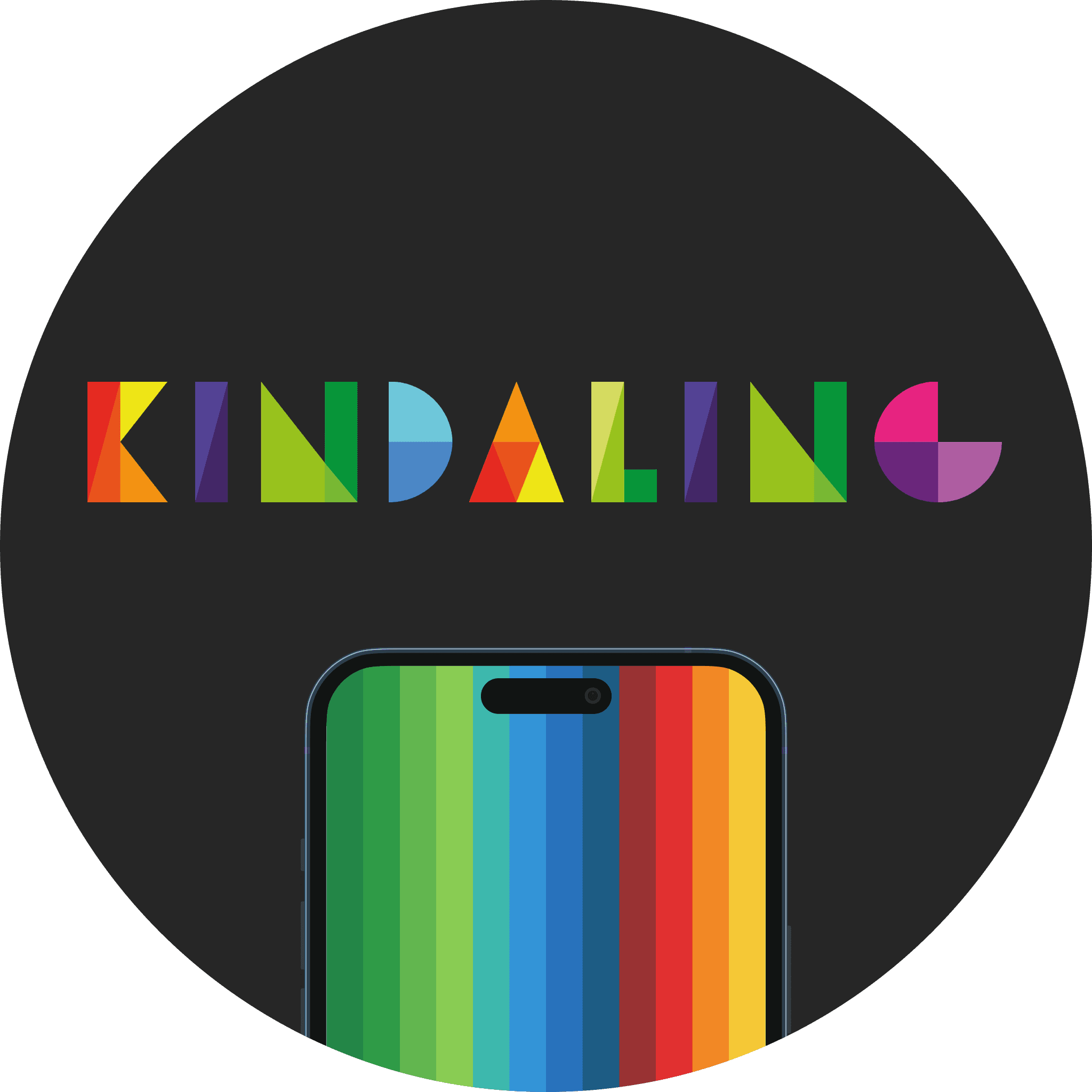 Logo mit dem Wort "KINDALING" in Regenbogenfarben über einem stilisierten Regenbogenkoffer auf schwarzem Hintergrund.