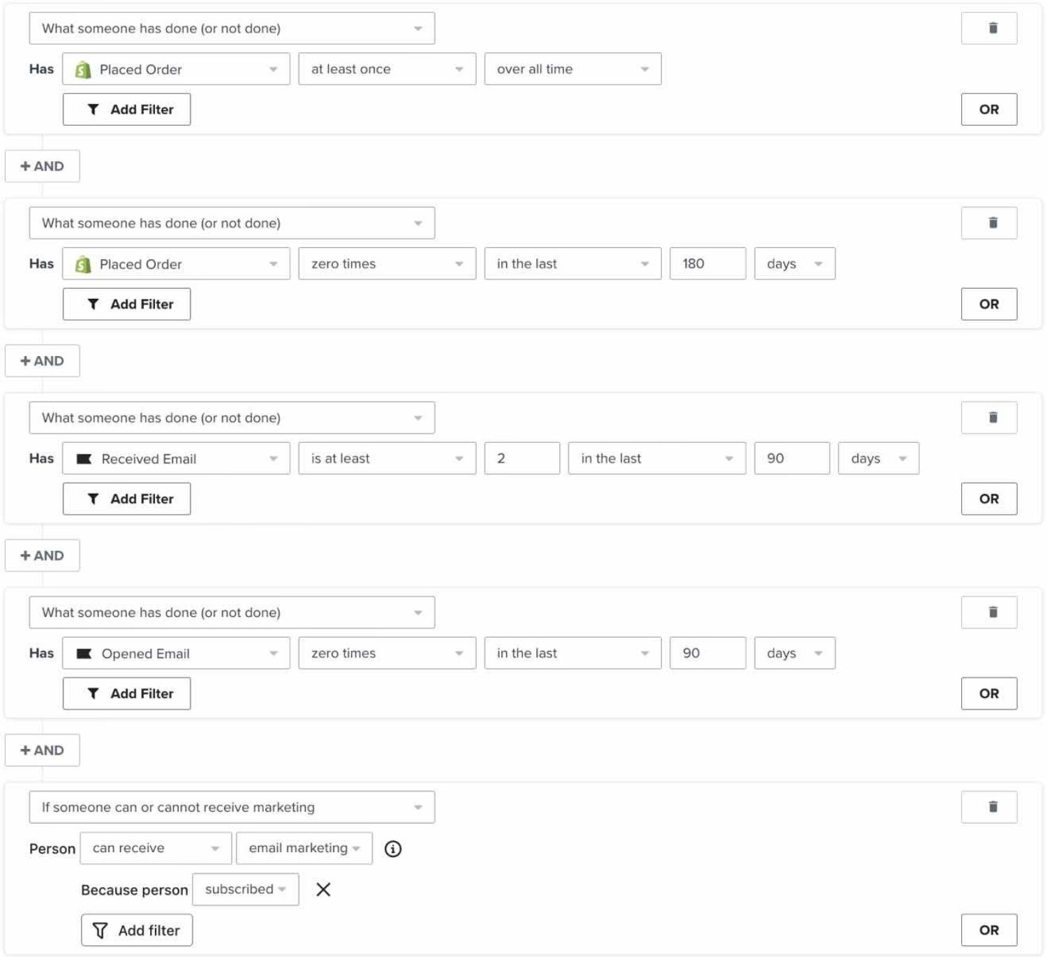 The image shows a Klaviyo segment builder with multiple conditions to refine the target audience. It includes users who have placed an order at least once historically but not within the last 180 days, have received at least two emails in the past 90 days, and have not opened any emails in the last 90 days. The segment also specifies that the person must be subscribed and able to receive email marketing. Logical "AND" connectors ensure all conditions are met for inclusion in the segment.