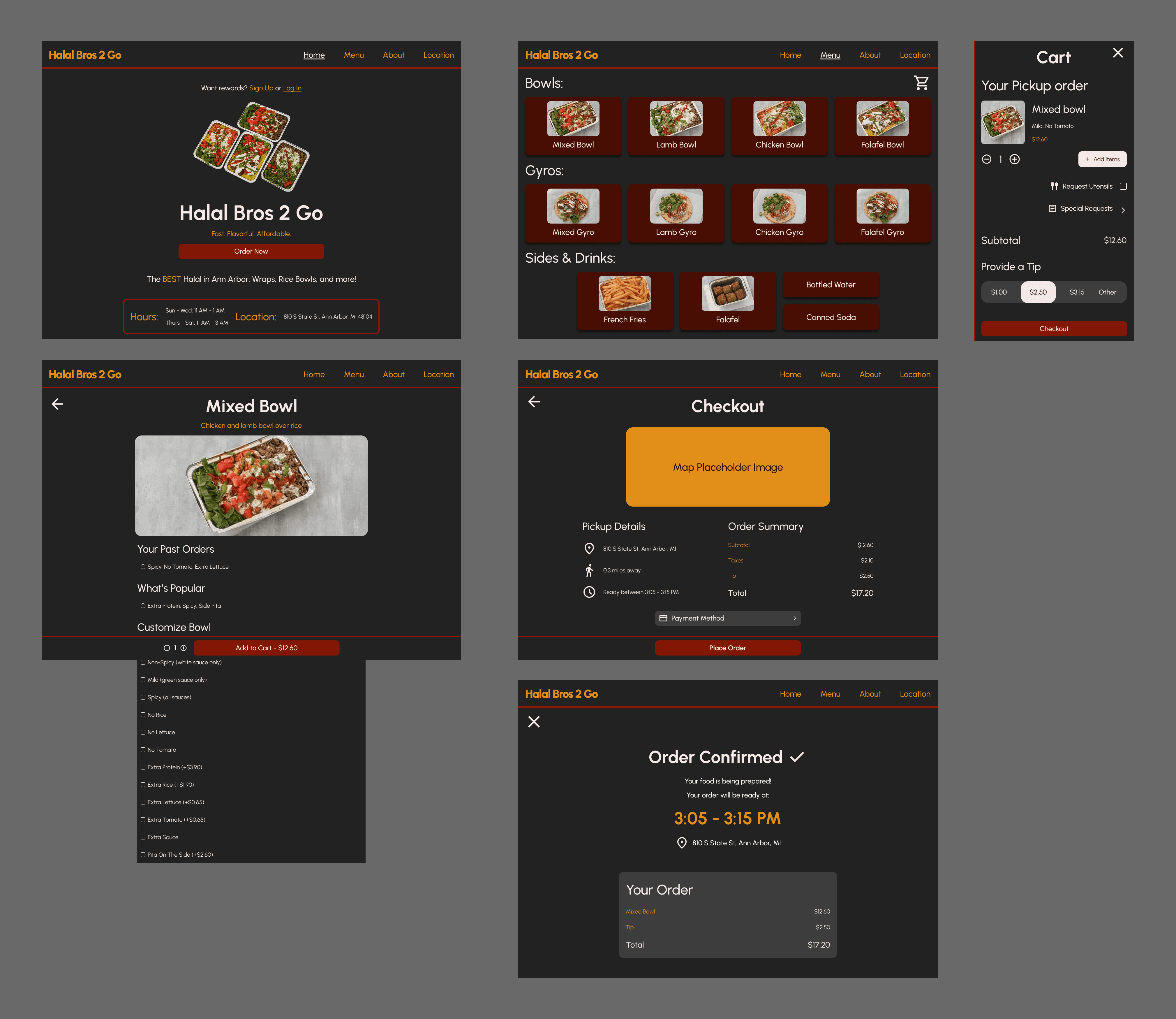 High-fidelity desktop mockups of key order flow screens