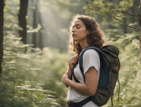 young woman meditating while hiking