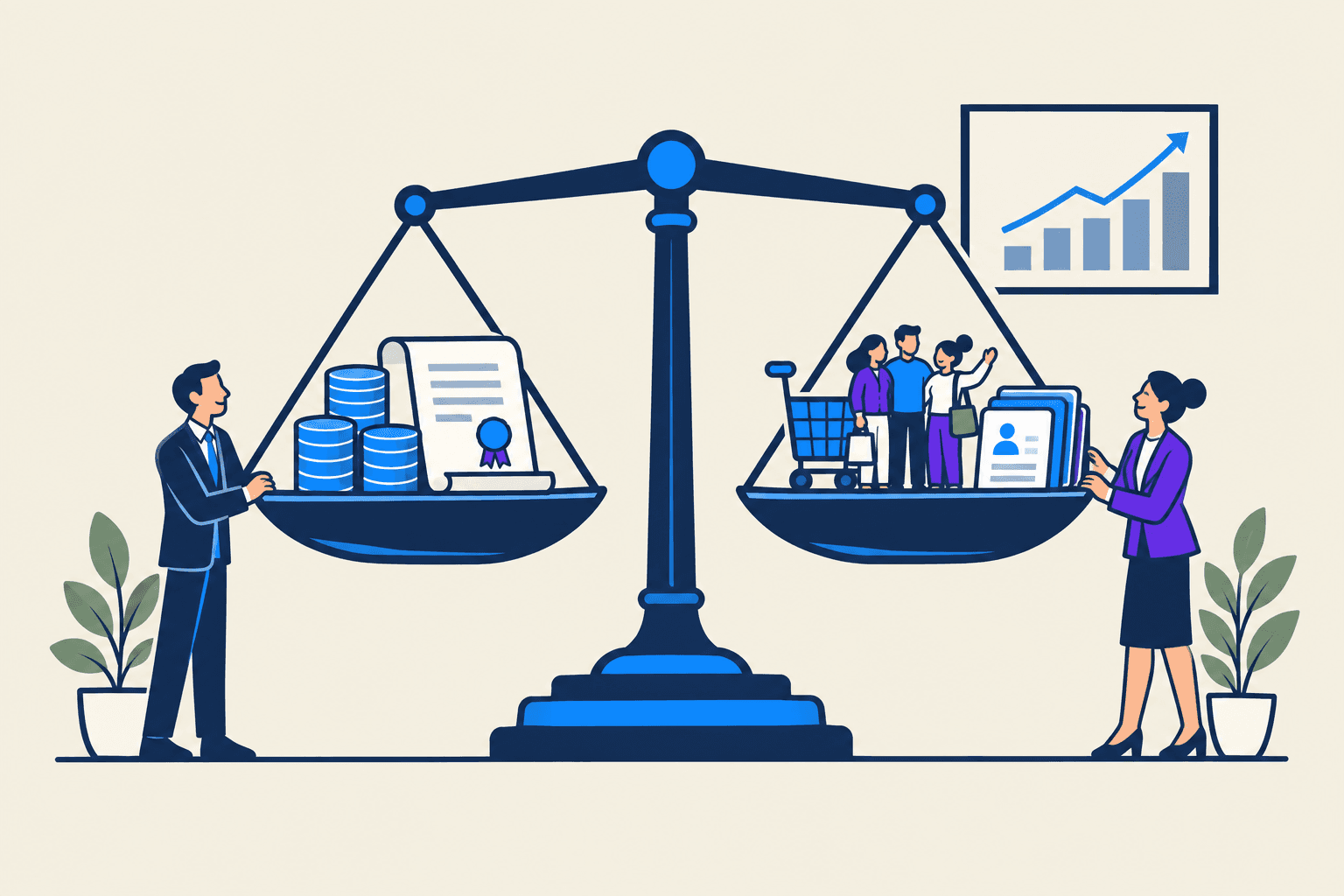 Eine große Waage: auf der einen Seite Münzstapel und ein Vertrag, auf der anderen Seite Einkaufswagen, Kundengruppe und Datenblätter; Menschen prüfen die Balance