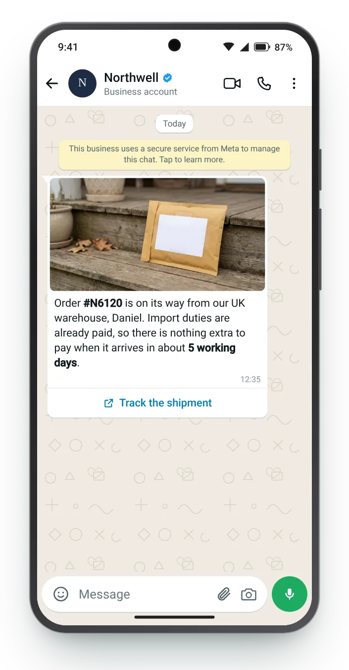 Abroad, with duties already paid: WhatsApp shipping update on an Android phone