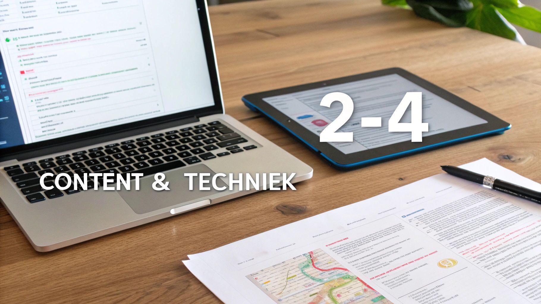 Een kantoorwerkplek met een laptop, tablet, documenten, pen en de tekst 'CONTENT & TECHNIEK' en '2-4'.