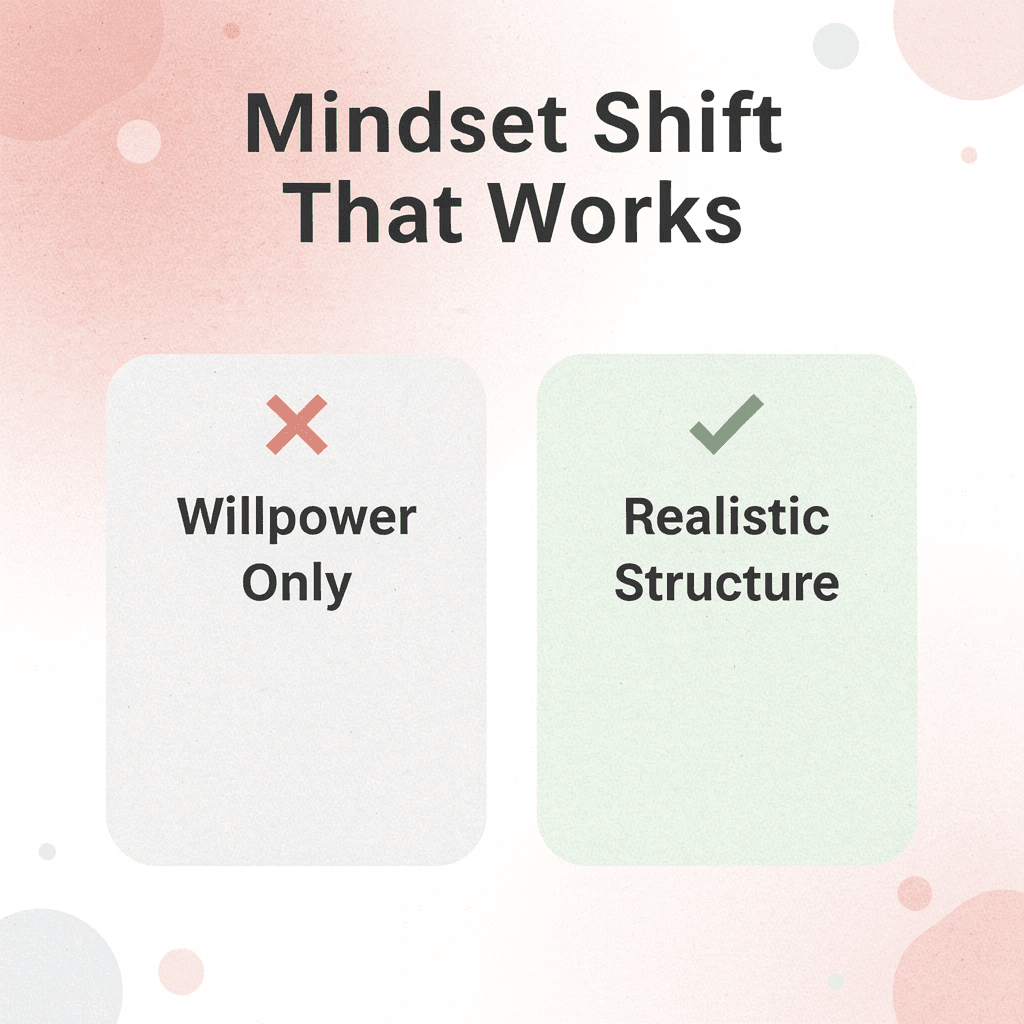 Before and after infographic comparing willpower-only approach versus realistic structure in postpartum fitness