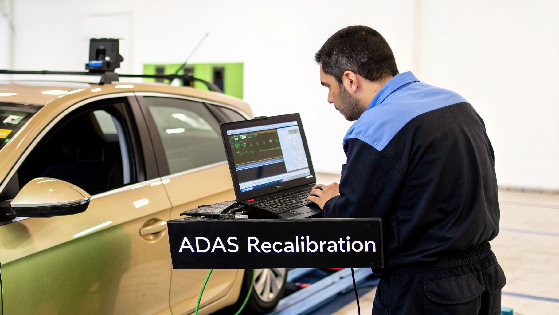 Automotive technician performing ADAS recalibration service on gold vehicle using diagnostic laptop computer