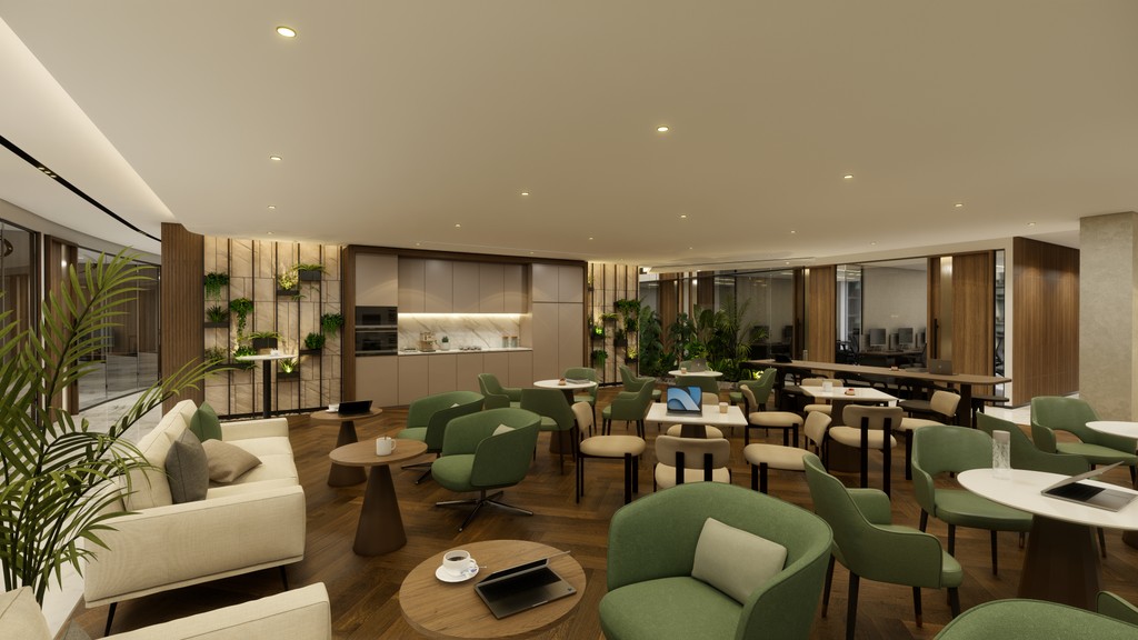 Office Square's café inside our coworking space in Dubai, offering a comfortable setting with lounge seating and self-service facilities.