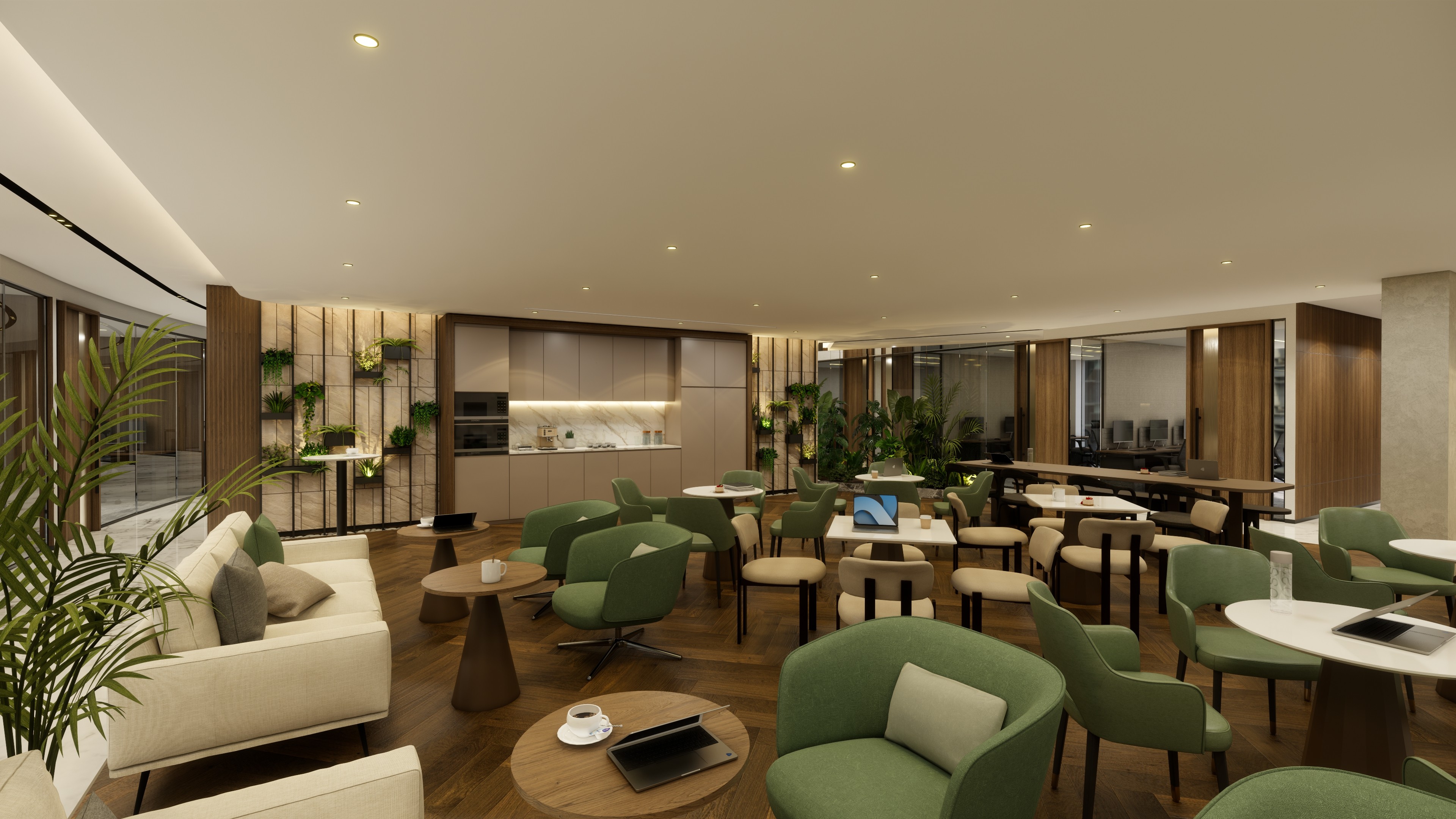Shared lounge and pantry area with green seating, open coffee station, and a blend of social and workspaces.