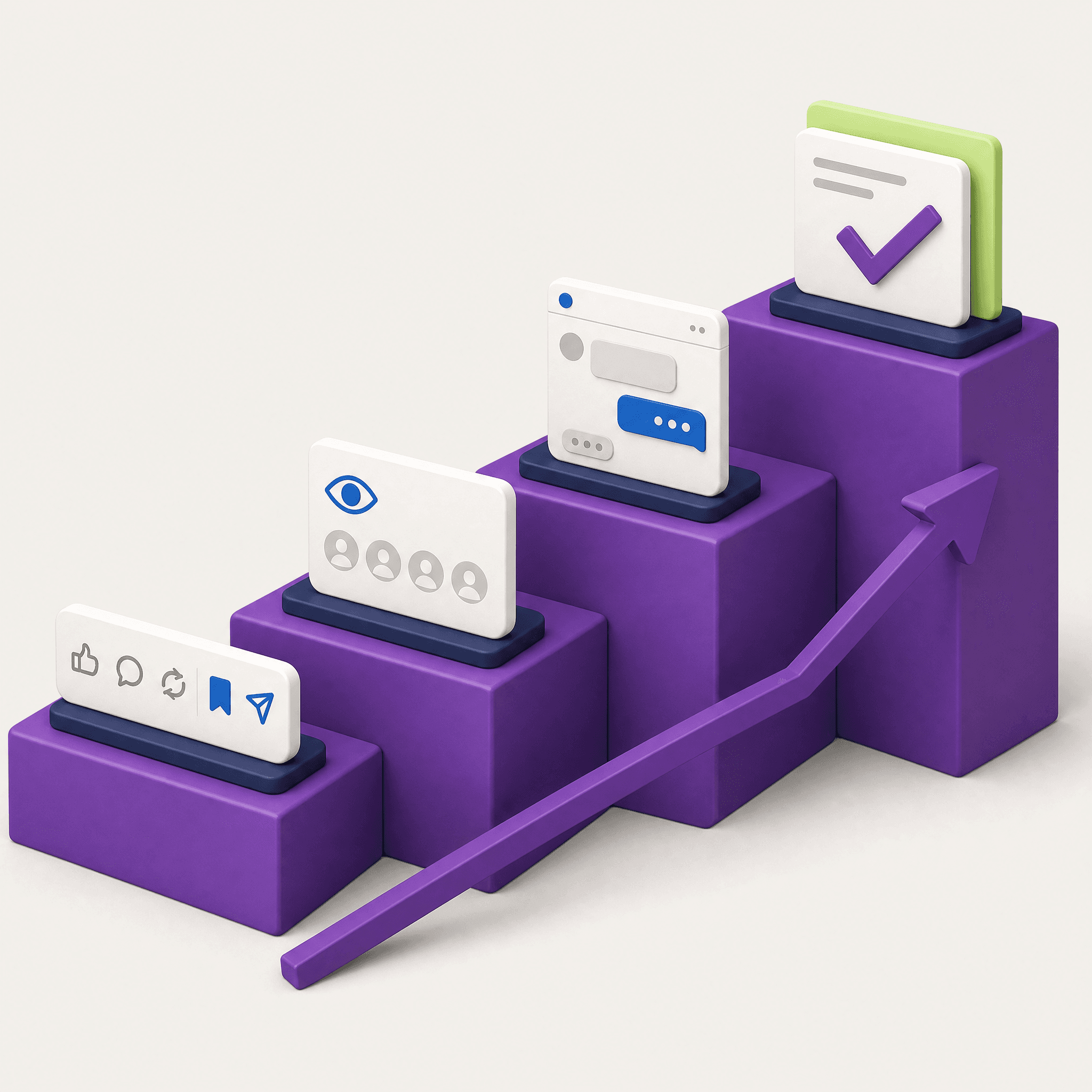 Four rising purple steps: a reaction bar with save and send, a profile-views card, a messaging window, and at the top a deal card with a purple check mark on a green tile