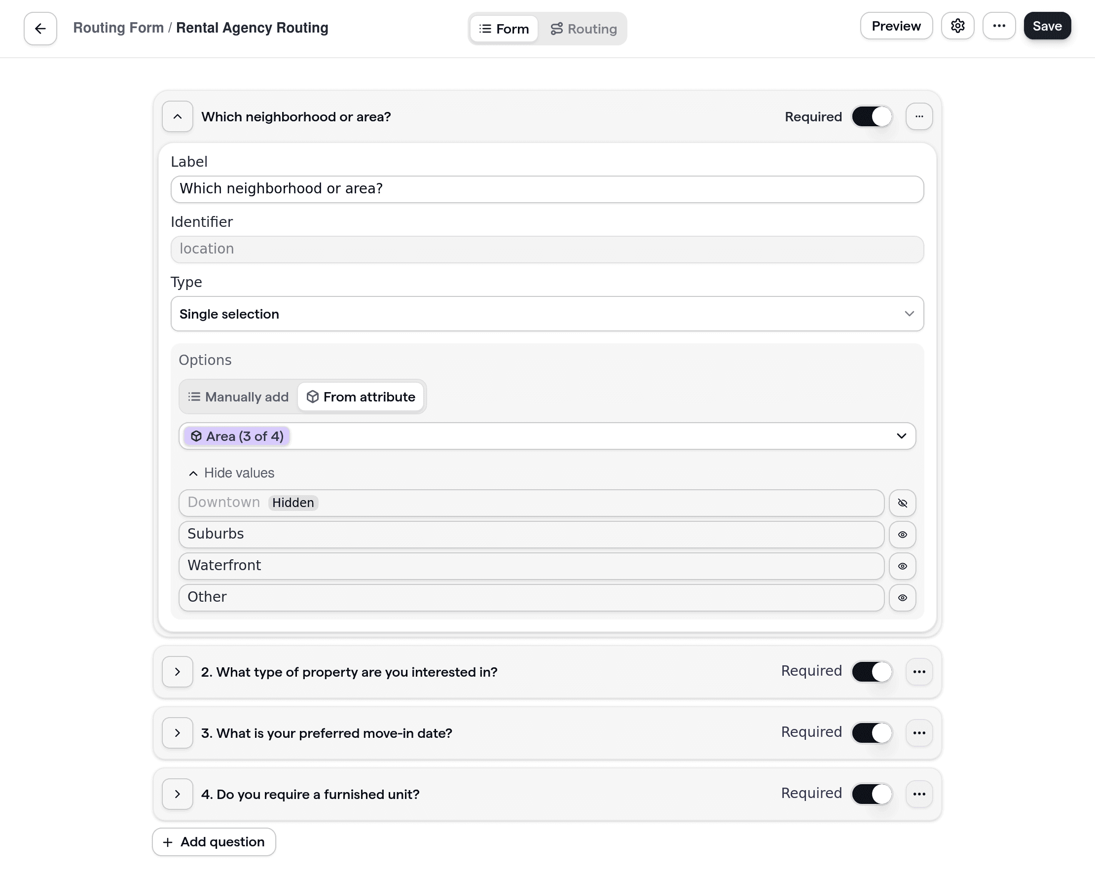 Cal.com routing form showcasing the creation of a customizable form with dynamic questions for rental property agencies. The form allows users to define options and mark certain fields as required, demonstrating a flexible routing form for the rental industry.