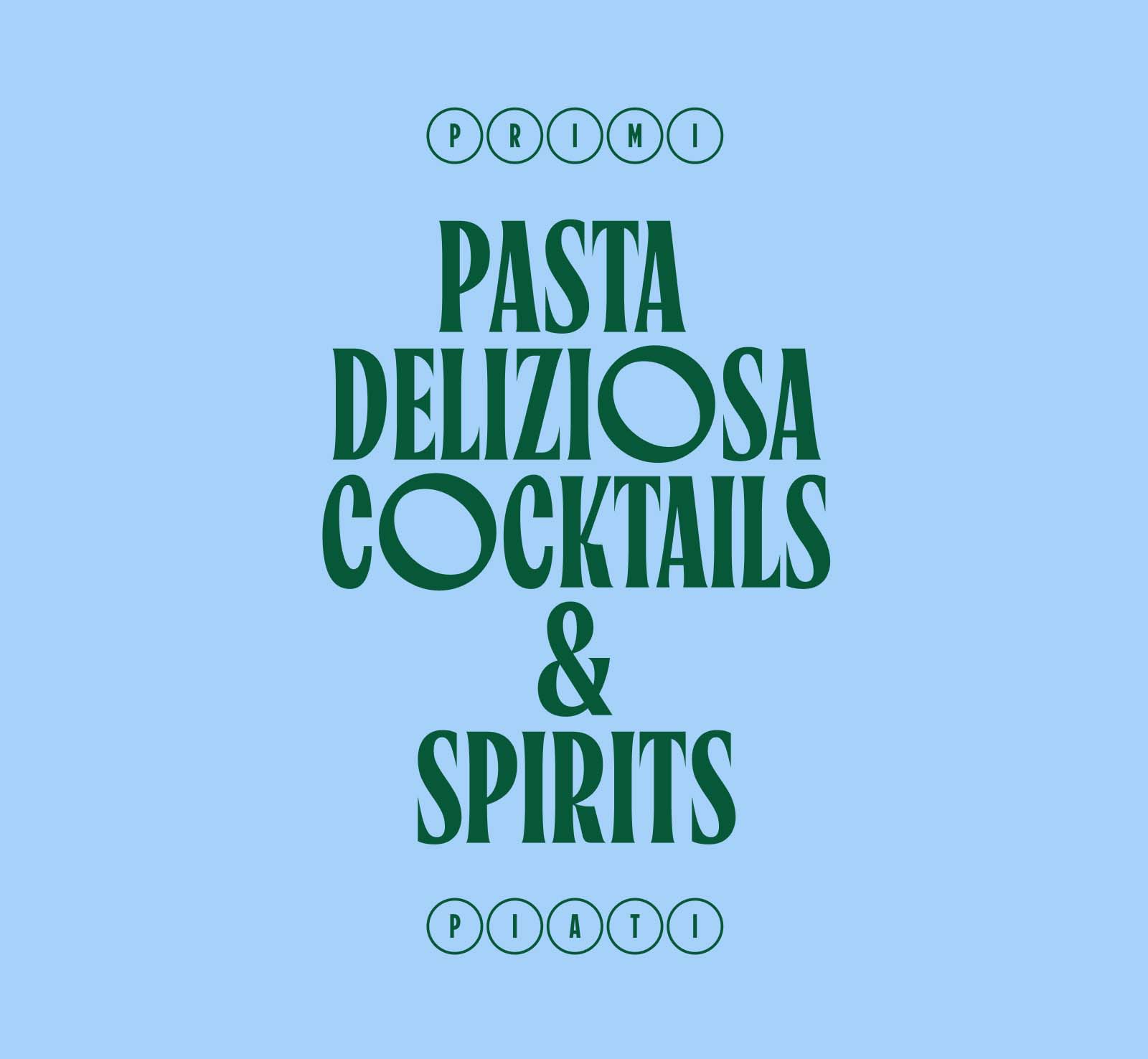 Présentation de la typographie principale de l’identité d’Il Ristorante, utilisée dans une composition éditoriale autour des pâtes, cocktails et spiritueux.