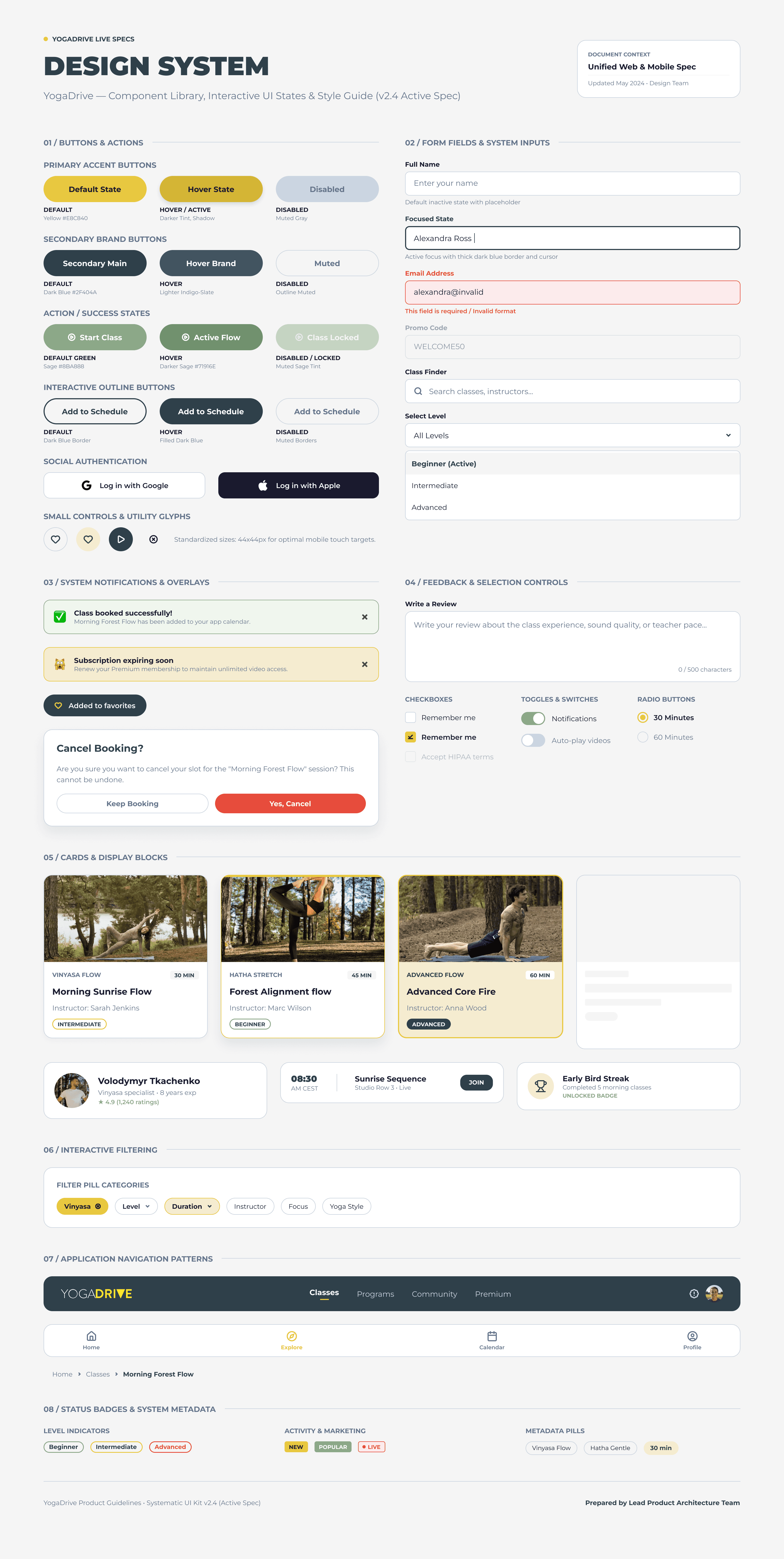 YogaDrive live design system documentation covering components, states, and interaction patterns