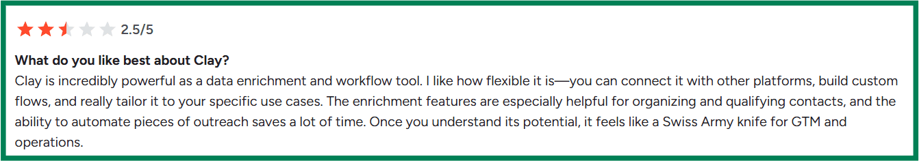 Clay G2 review about data enrichment