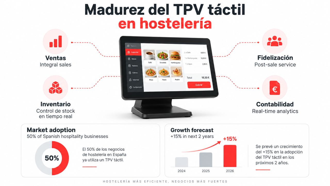 Un infográfico sobre la madurez y adopción de sistemas TPV táctiles en negocios de hostelería española.