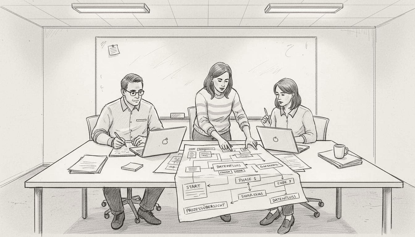 Das Projektteam bespricht im Meeting die einzelnen Prozessschritte und hält diese gemeinsam fest.