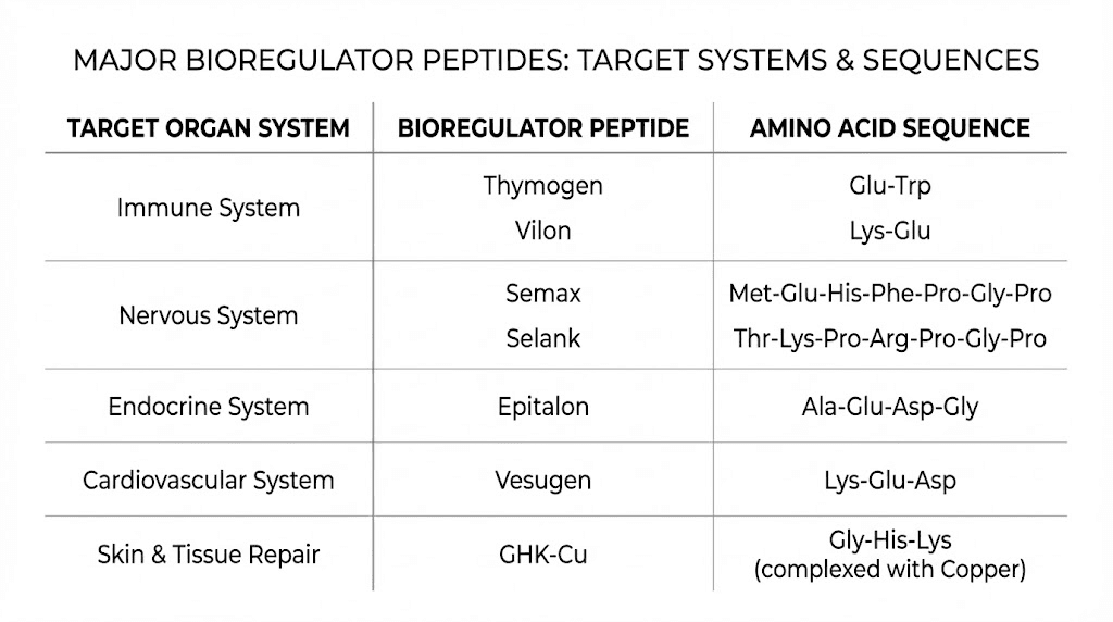 Complete bioregulator peptides list organized by target organ