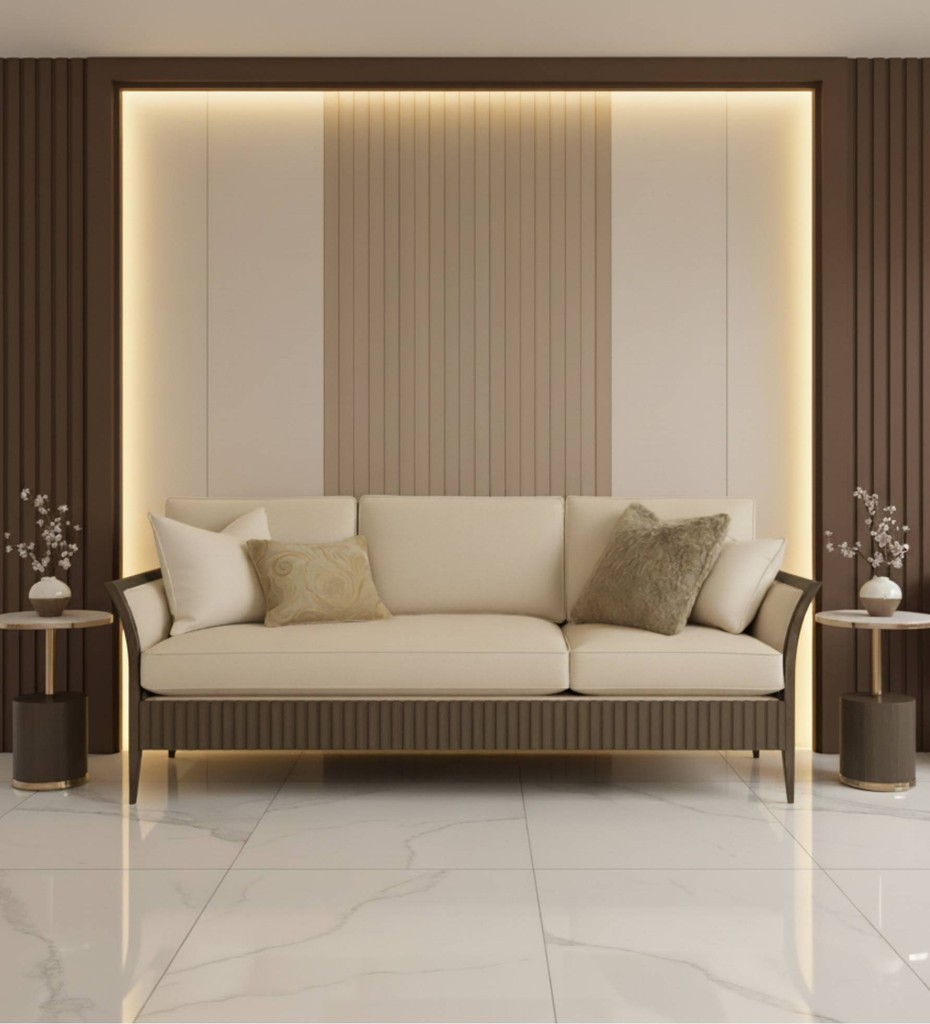 Luxury contemporary sofa with neutral fabric upholstery and exposed wooden frame