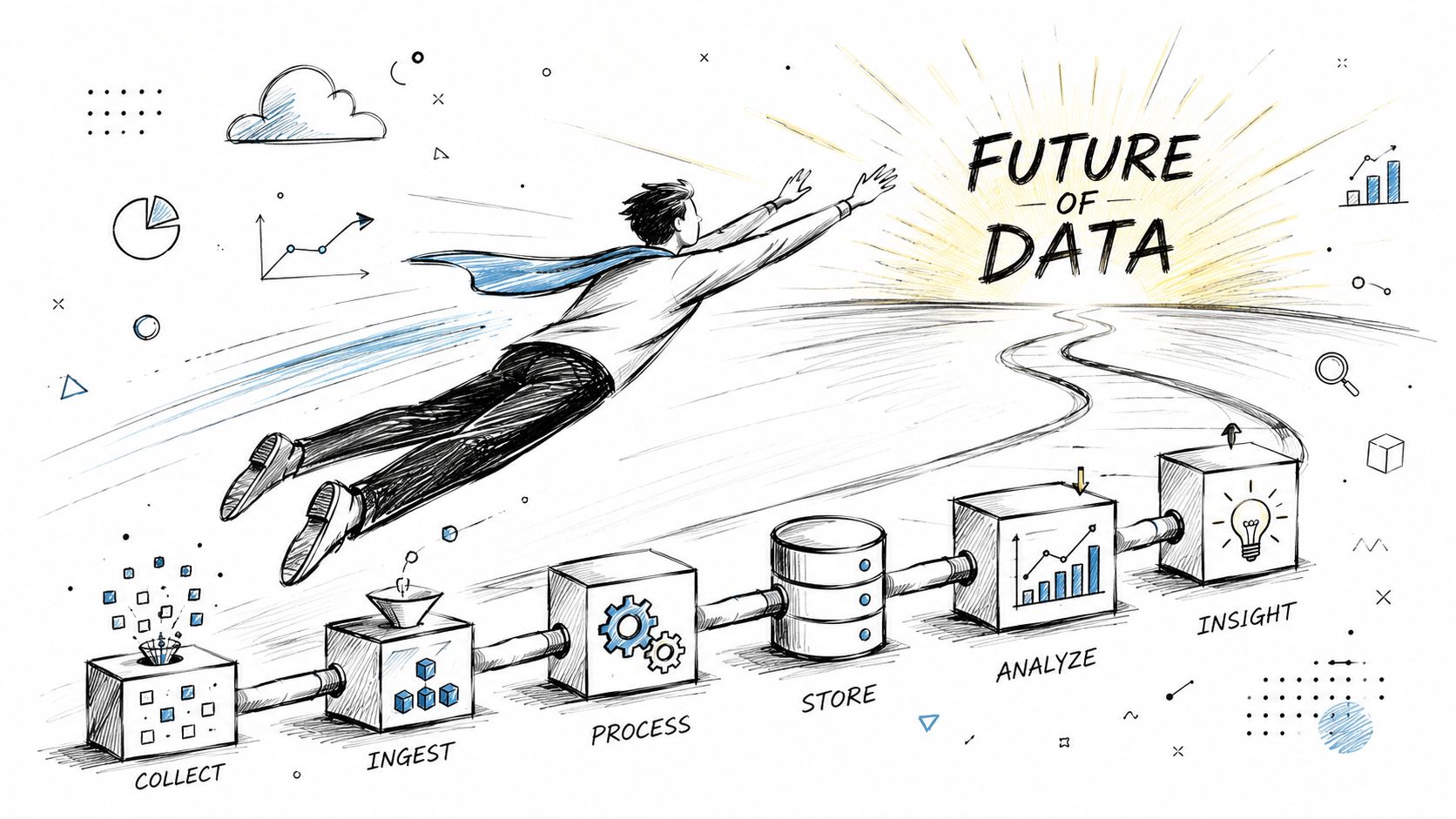 A hand-drawn illustration depicting the steps of data processing from collection to gaining business insights.